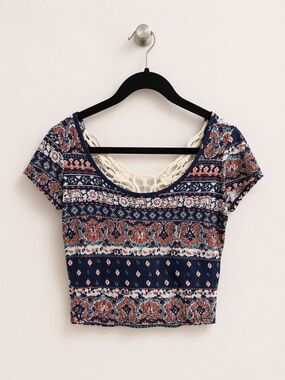 Y2K Wet Seal Boho Crop Top Crochet Back Multicolor Tribal Print Size S